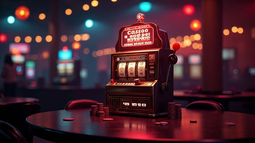 Tela de bônus com código promocional sobre uma slot machine em ambiente de cassino escuro