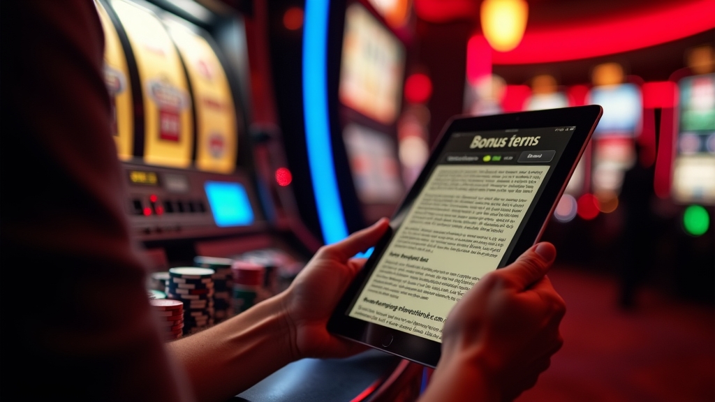 Pessoa analisando termos do bônus ao lado de uma slot machine em ambiente de cassino