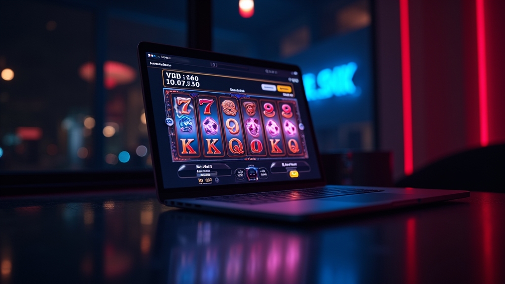 Slot aberta no navegador com rolos brilhando em ambiente de cassino escuro