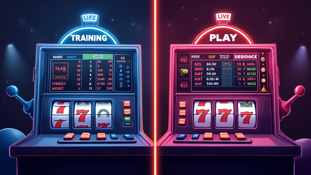 Tela comparando treino, estratégia e jogo em uma slot no modo demo