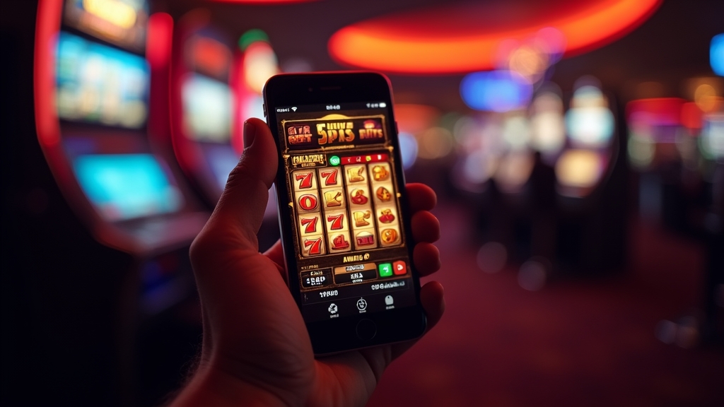 Telemóvel com interface de slot clássico num ambiente de casino escuro