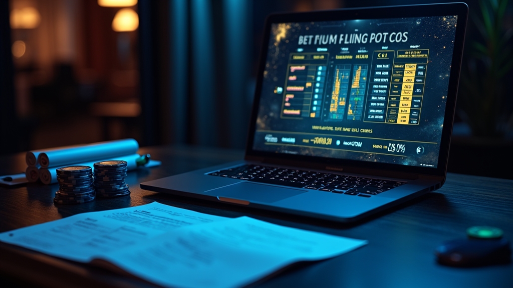 Mesa de cassino digital com gráficos de estratégia e banca sob luz neon